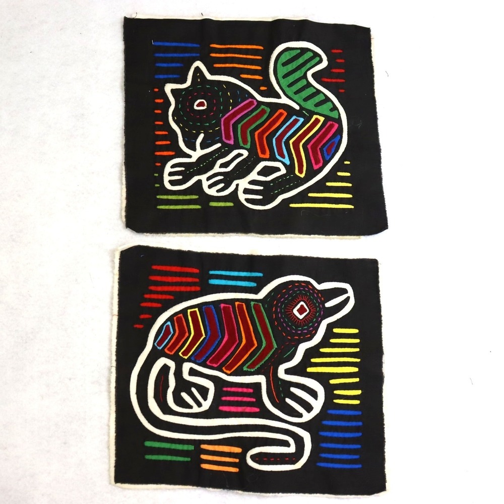 Vintage Kuna Mola Animal Textile Panels Pair Folk Art